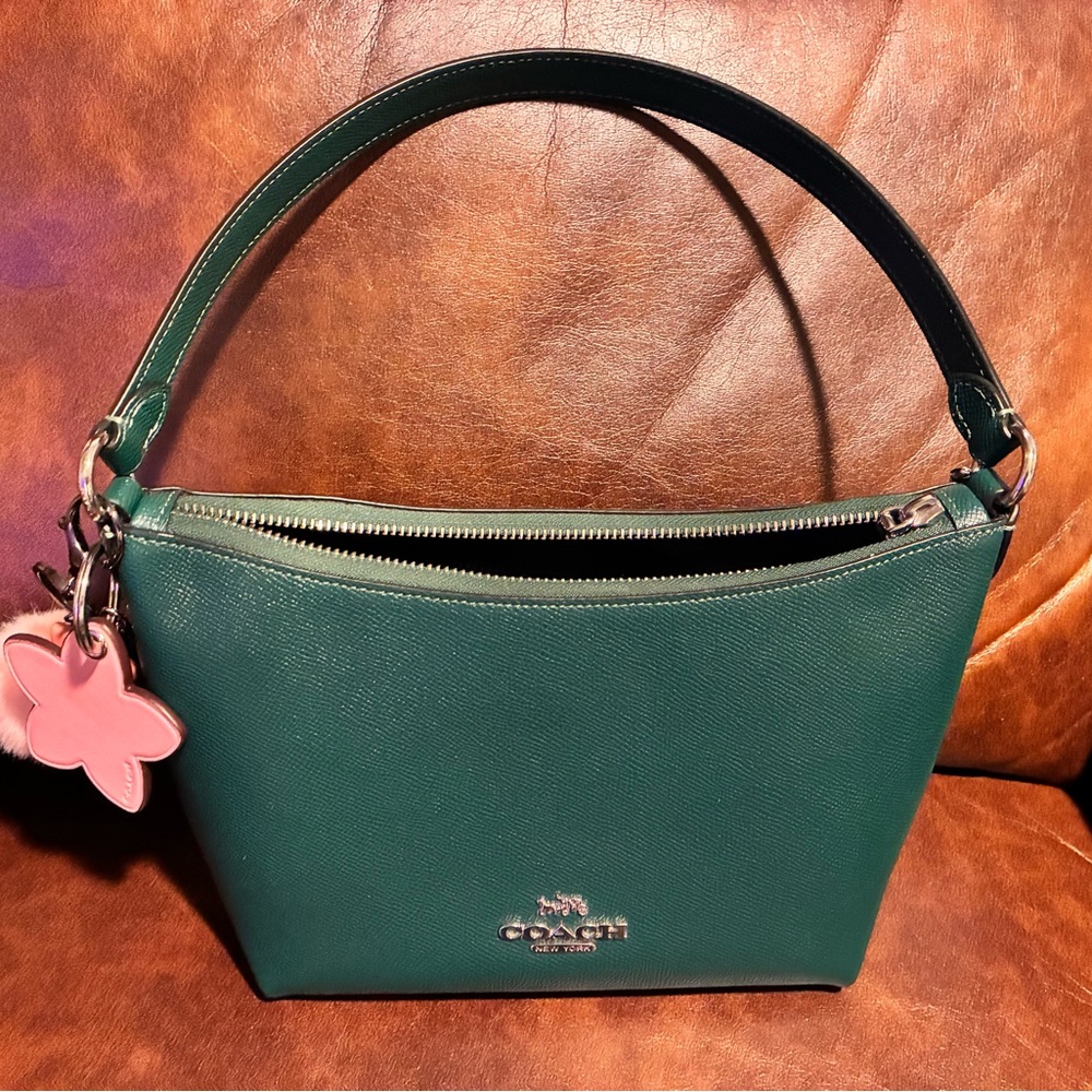 Coach Green top handle Shoulder Bag with Pink cherry blossom Charm